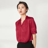 Women Casual V Neck Silk Top Short Sleeves Silk Blouse